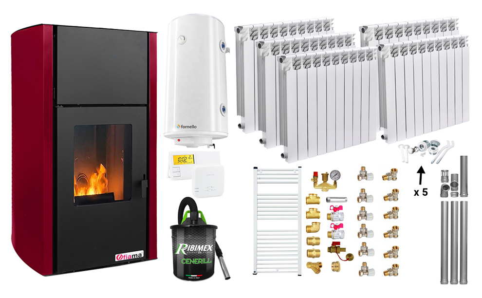 Pachet Termosemineu pe peleti Fornello Fiama Confort 25 kw culoare Bordeaux Pompa Vas expansiune Automatizare Calorifere aluminiu Fornello Alvo Boiler 100 litri Termostat Aspirator Kit 3.5 ml si Fitinguri montaj
