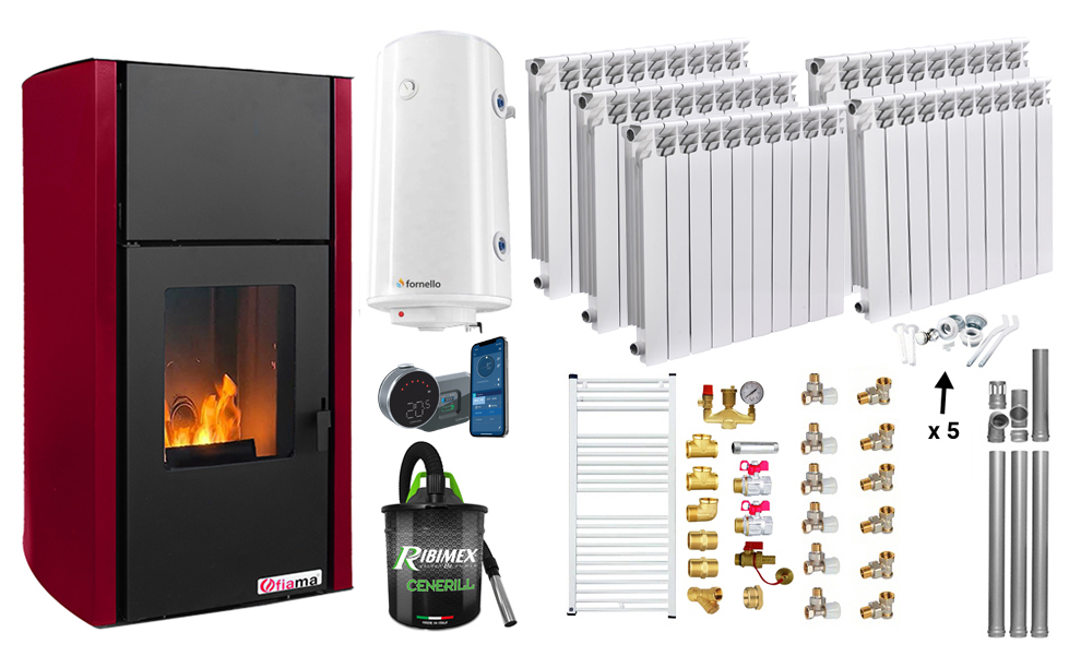 Pachet control de la distanta Termosemineu pe peleti Fornello Fiama Confort 25 kw culoare Bordeaux Pompa Vas expansiune Automatizare Calorifere aluminiu Fornello Alvo Boiler 100 litri Termostat Aspirator Kit 3.5 ml si Fitinguri montaj