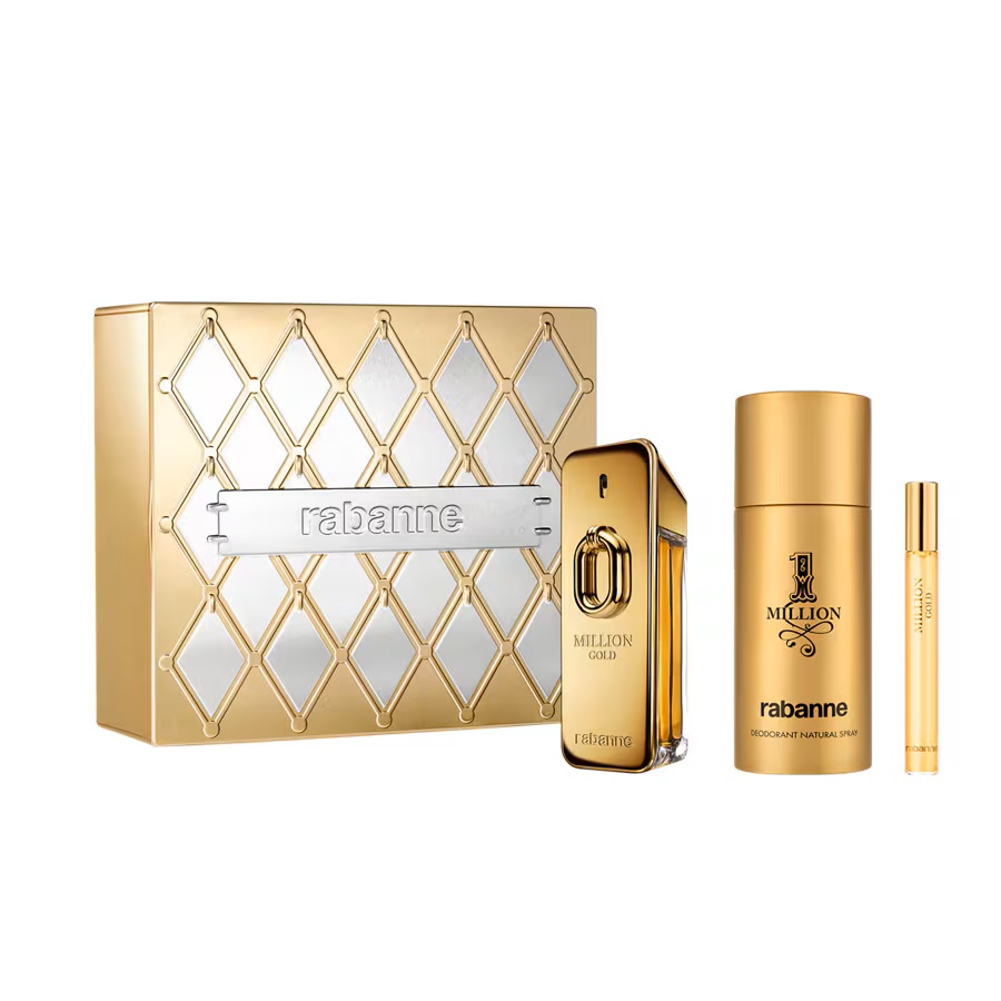 Set cadou Paco Rabanne Million Gold, Apa de Parfum Intense, Barbati, 100 ml + Deodorant spray 150 ml + mini Apa de Parfum, 10 ml