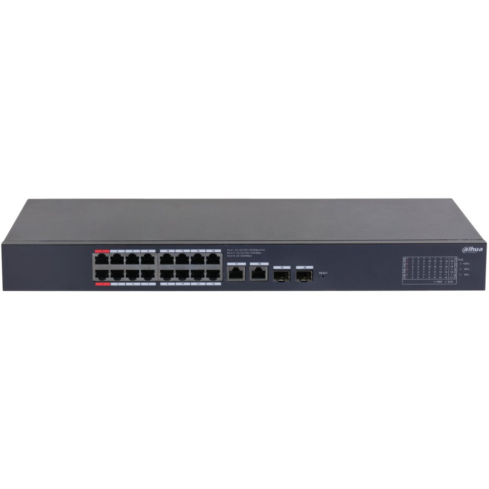Switch PoE 16 porturi Gigabit Dahua CS4220-16GT-240, Cloud management, 16xPoE, 2 uplink, 2 SFP, Hi-PoE red port