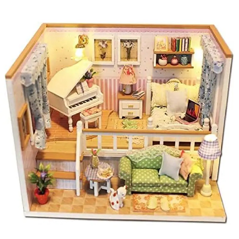 Casuta DIY de construit – camera decorativa in miniatura cu pian si mobilier detaliat