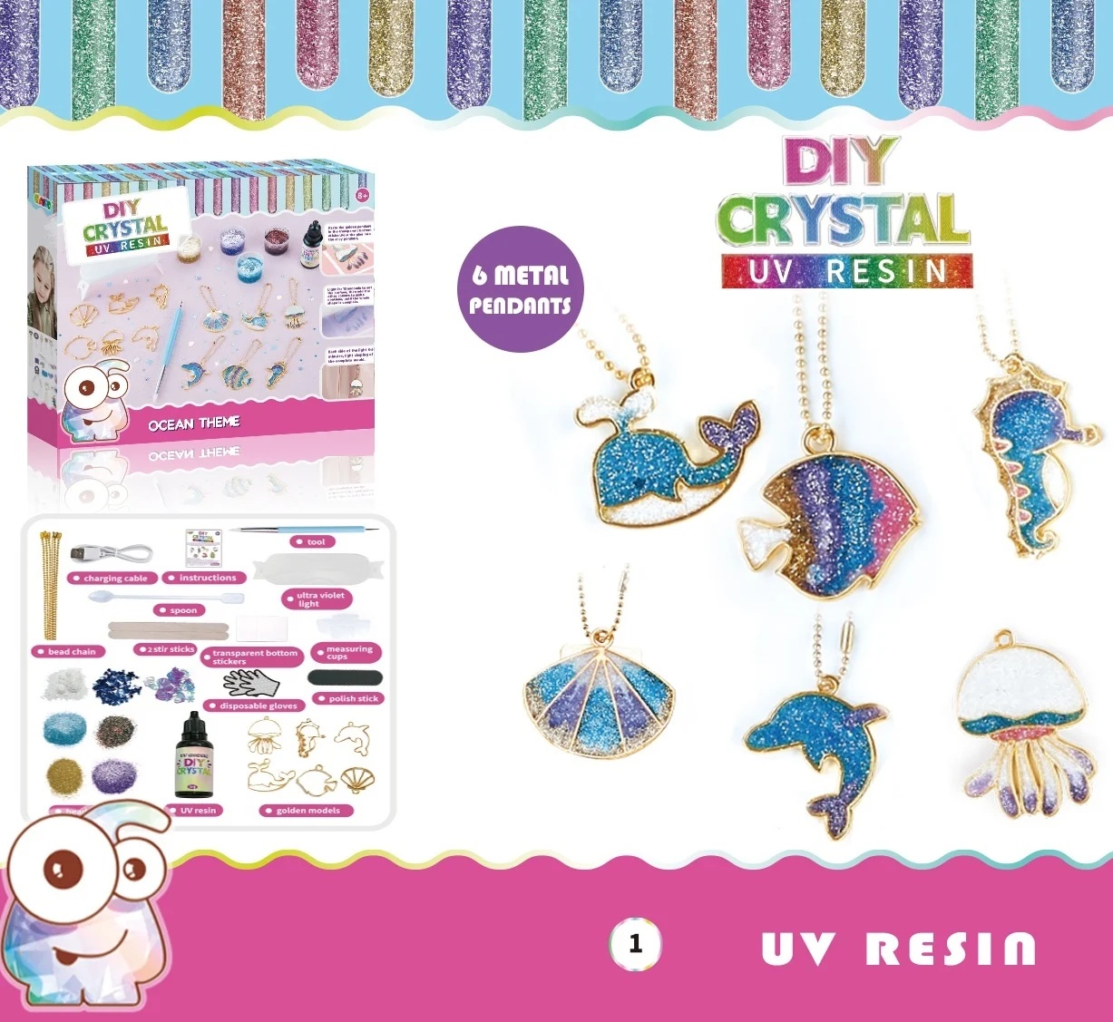 Set creativ DIY cu 6 pandantive metalice, rasina UV, culori si sclipici, lant auriu, tematica ocean, recomandat pentru copii 8 ani+, multicolor