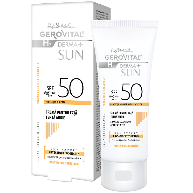 Crema pentru fata Gerovital H3 Derma+ Sun, cu SPF 50, 50 ml (Concentratie: Protectie solara, Culoare produse: tenta aurie)