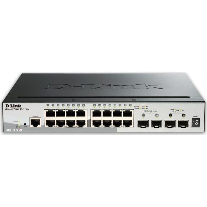 Switch D-Link DGS-1510-20, 16 porturi Gigabit, 2 porturi SFP, 2 porturi SFP+ 10G, Capacity 76Gbps, S