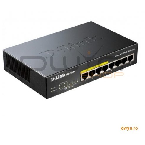 D-Link, Switch Desktop 8 porturi Gigabit, 4 porturi PoE 802.3af, PoE Budget 52W, Capacity 16Gbps, me
