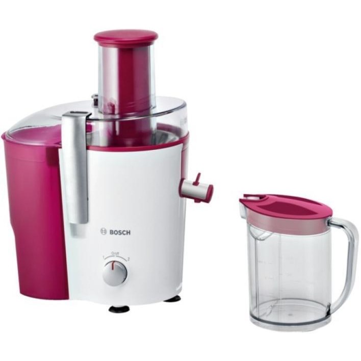 Storcator de fructe si legume Bosch MES25C0, 700 W, Recipient suc 1.25 l, Recipient pulpa 2 l, 2 Viteze, Tub de alimentare 73 mm, Rosu/Alb