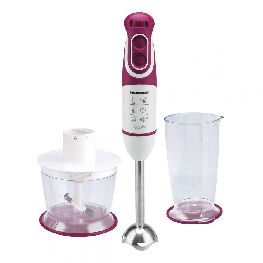 Blender de mana Heinner Charm HB-600BG, multifunctional: tocator, tel si cana de mixat, 600 w, 700 ml, Visiniu