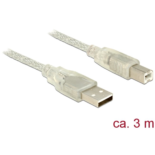 Delock Cable USB 2.0 Type-A male > USB 2.0 Type-B male 3m transparent