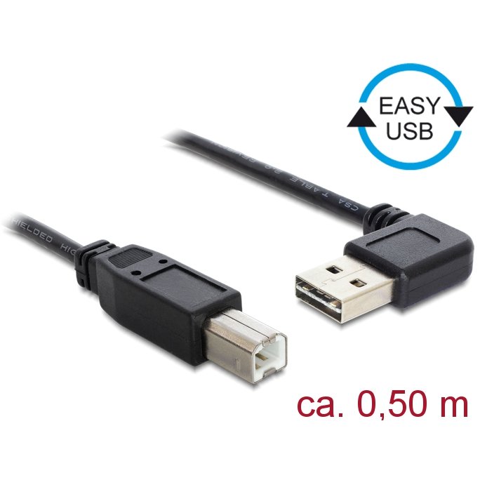Delock Cable USB AM-BM 2.0 0.5m Black Angled Left/Right USB-A Easy-USB