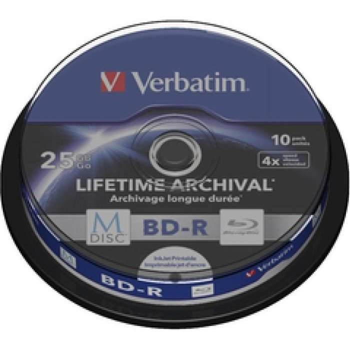 Blank Bd-R M-Disc Verbatim 4x 25gb 10pk Spindle Inkjet Printable 43825