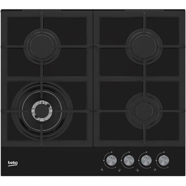 Plita incorporabila Beko HILW64225S, alimentare gaz, 4 zone de gatit, wok, 2 gratare din fonta, 60 cm, negru