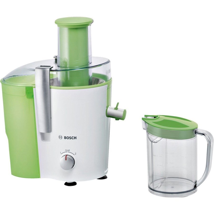 Storcator de fructe si legume Bosch MES25G0, 700 W, Recipient suc 1.25 l, Recipient pulpa 2 l, 2 Viteze, Tub de alimentare 73 mm, Alb/Verde