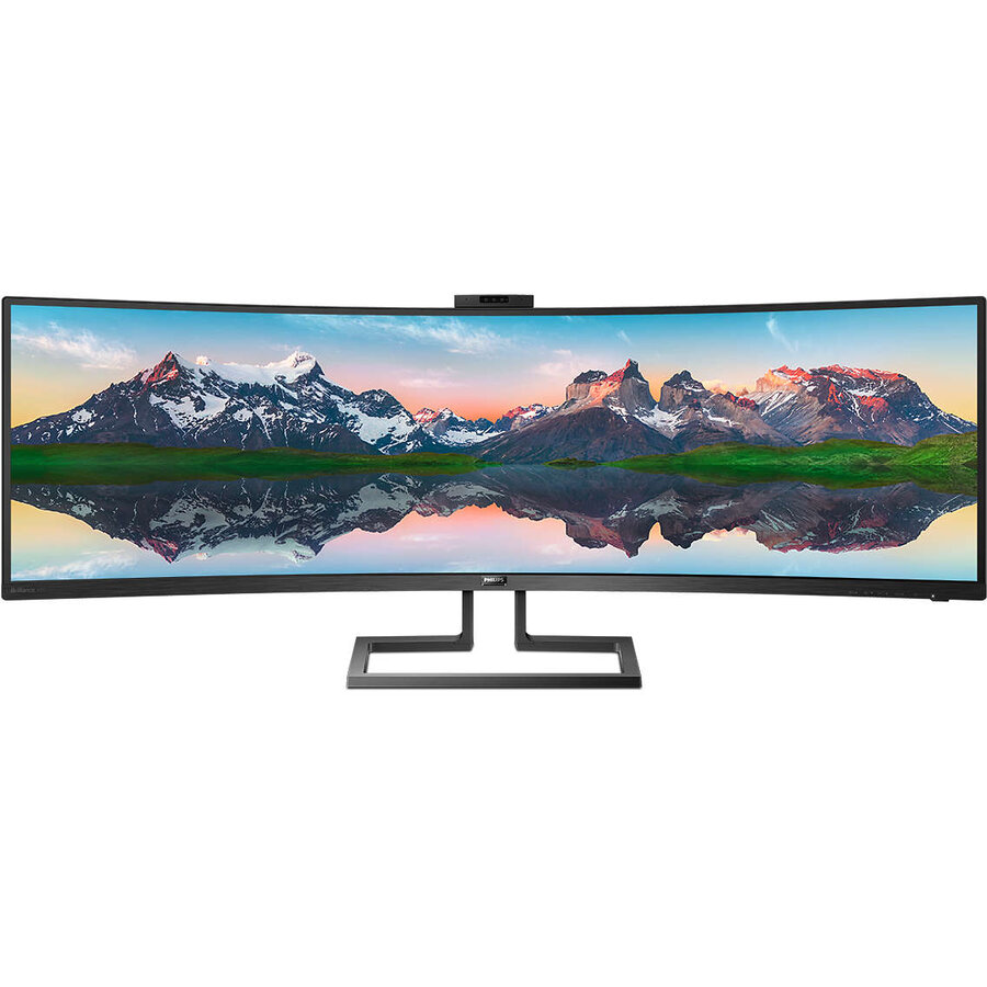 Monitor curbat LED VA Philips 48.8, Ultra wide, 32:9, 1800R, 5k Dual Quad HD, HDR 400, Adobe RGB 91%, Adaptive-Sync, DCI-P3 94%, Flicker-free, Display Port, LAN, Negru, 499P9H
