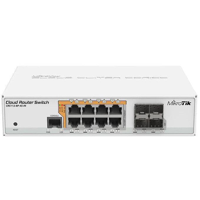 Switch 8 porturi Mikrotik CRS112-8P-4S-IN, 8 x porturi Ethernet Gigabit, 10/100 / 1000Mbps, 4 x SFP