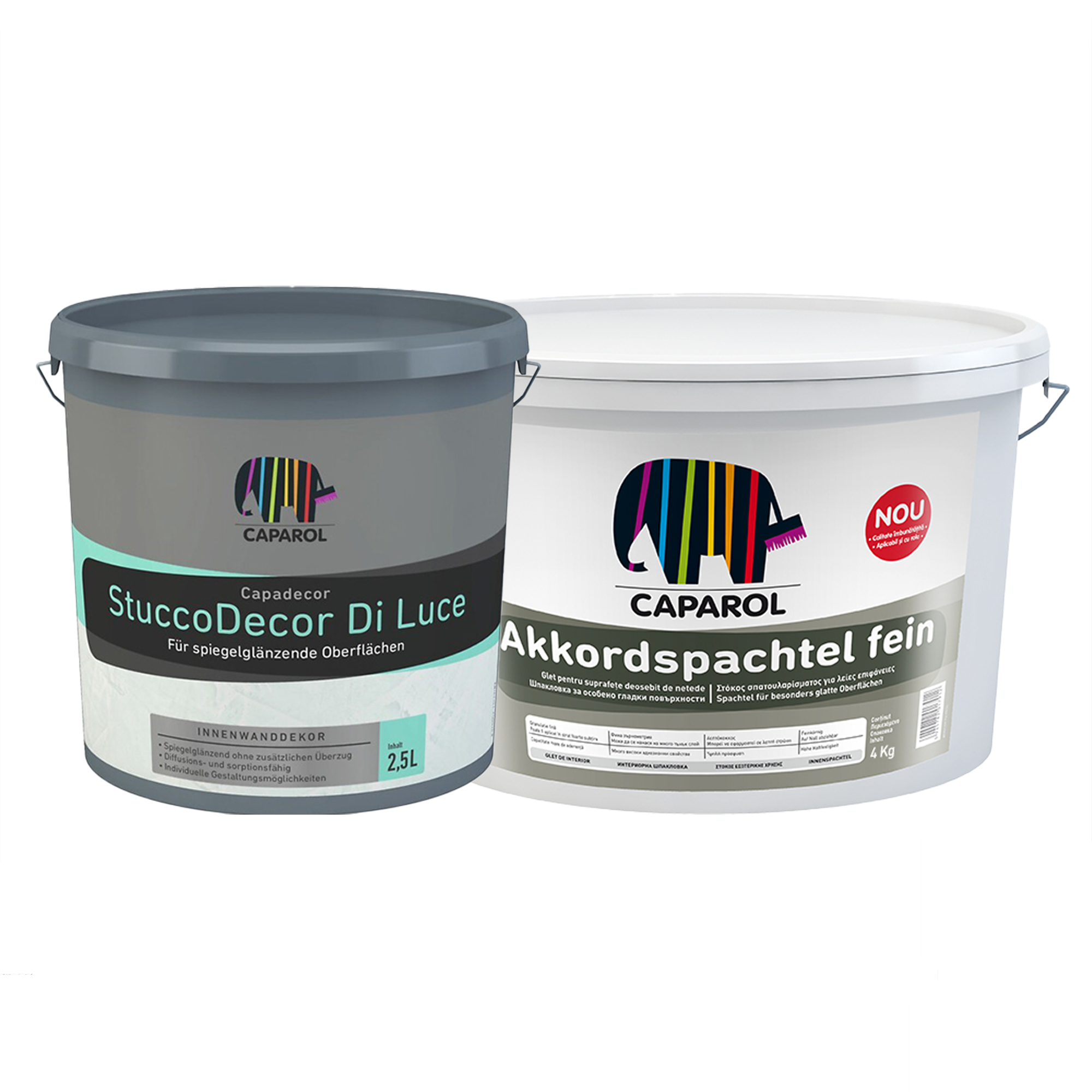 Masa de spaclu Capadecor StuccoDecor di Luce, alb, 2.5 l + Glet universal Caparol Akkordspachtel fein, interior, alb, 4 kg