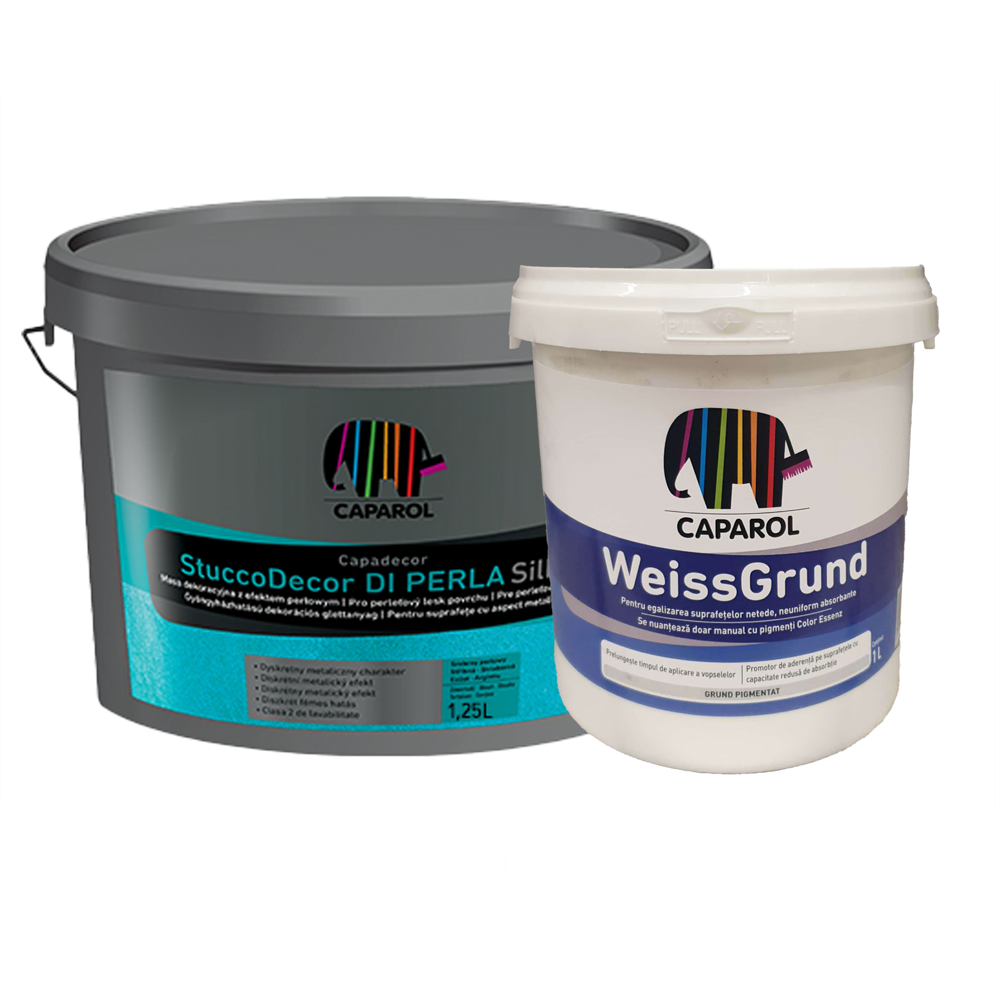 Masa de spaclu Caparol StuccoDecor DI PERLA Silber,1,25 l + Grund Caparol Weissgrund 1 l