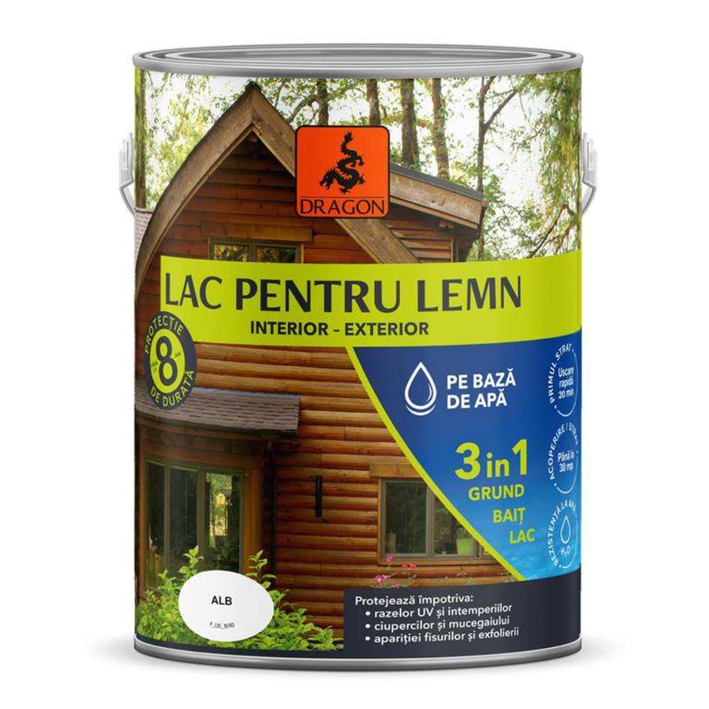 Lac pentru lemn 3in1 Dragon, alb, pe baza de apa, interior/exterior, 2.5 l