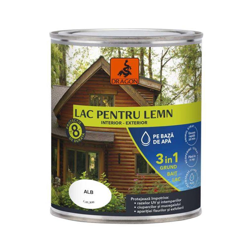 Lac pentru lemn 3in1 Dragon, alb, pe baza de apa, interior/exterior, 700 ml