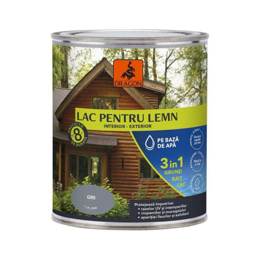 Lac pentru lemn 3in1 Dragon, gri, pe baza de apa, interior/exterior, 700 ml