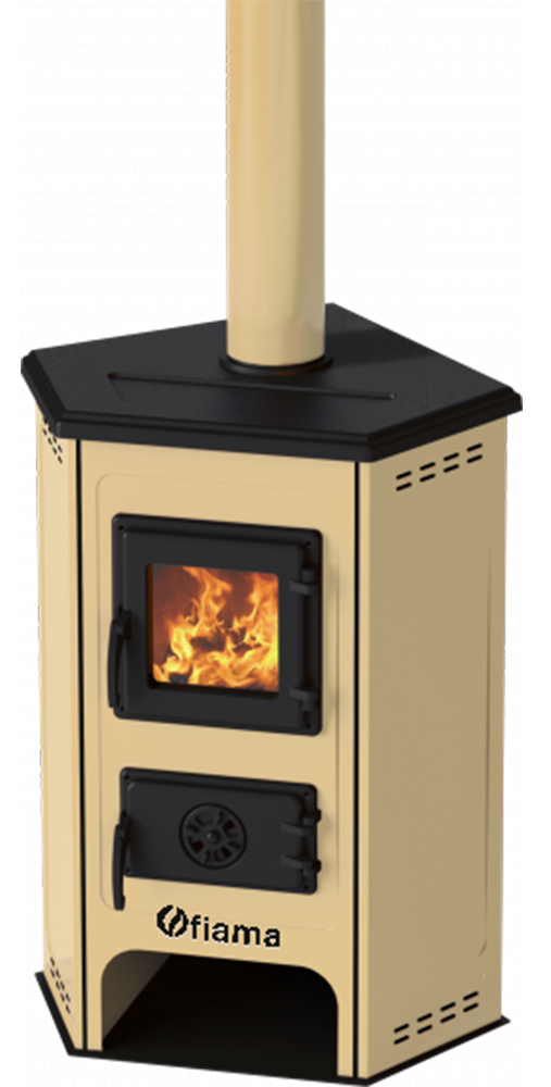 Semineu cu plita din fonta Fiama SD CORNER pe lemnebrichete si carbune putere 6 kW culoare crem