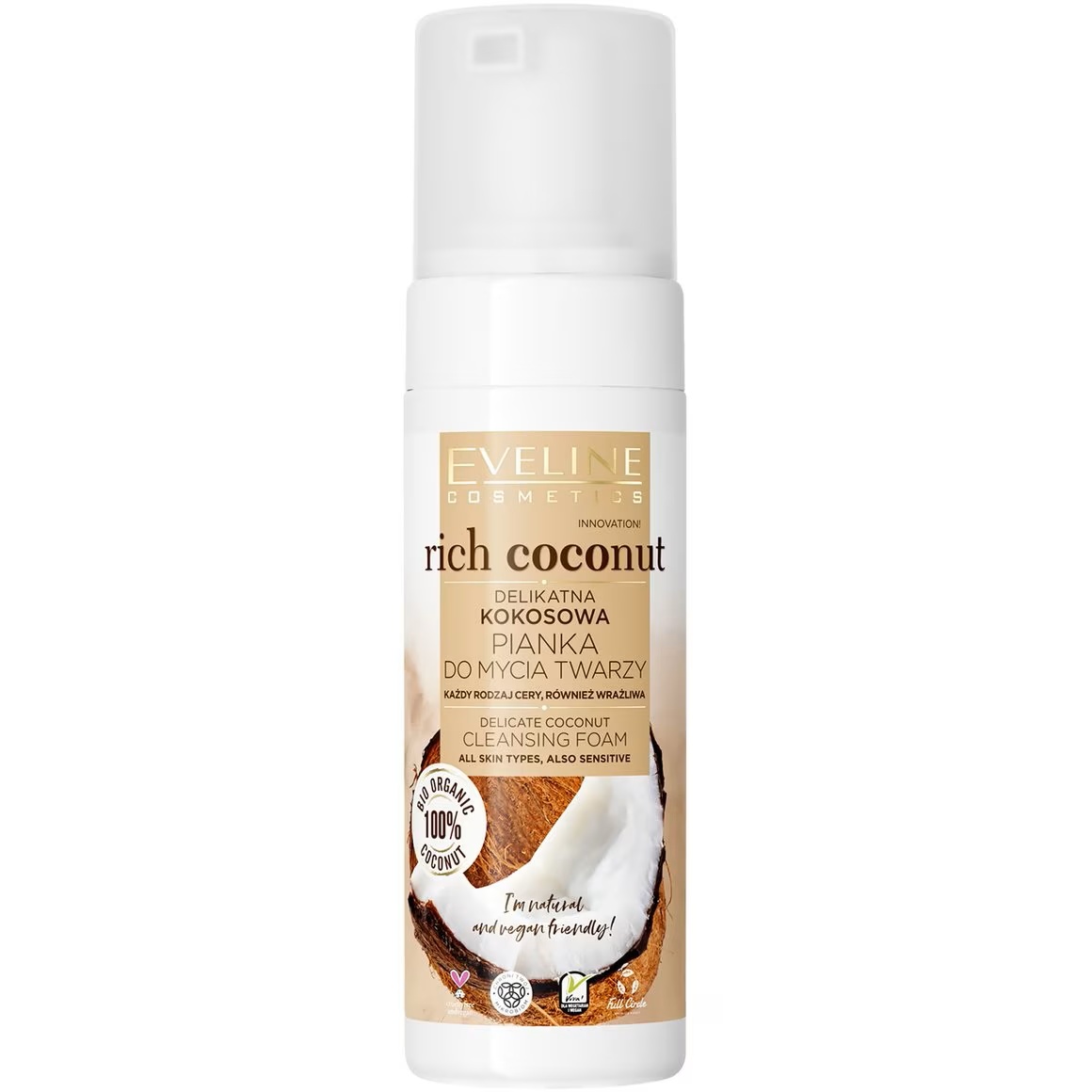 Spuma delicata de curatare cu cocos bio, pentru toate tipurile de ten, Eveline Cosmetics Rich Coconut, 150 ml