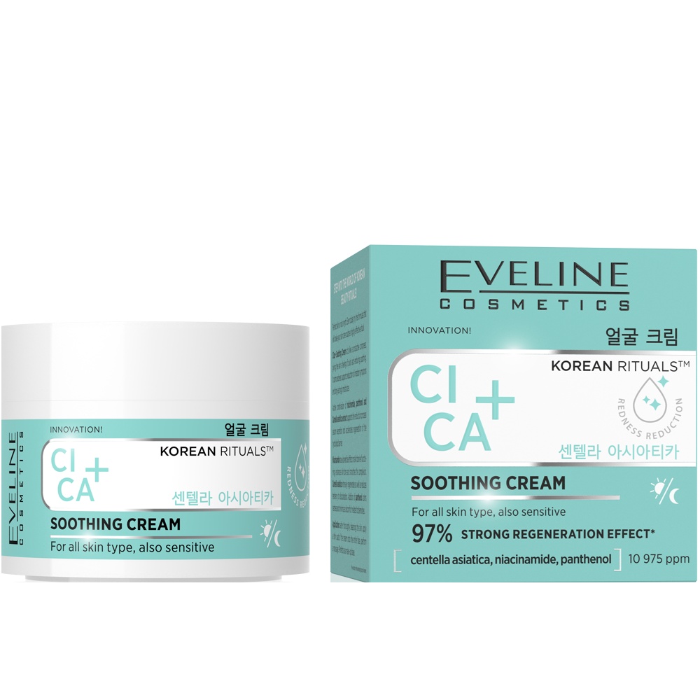 Crema calmanta Eveline CICA+ Korean Rituals, pentru toate tipurile de ten, inclusiv sensibil, cu centella asiatica si niacinamide, 50 ml