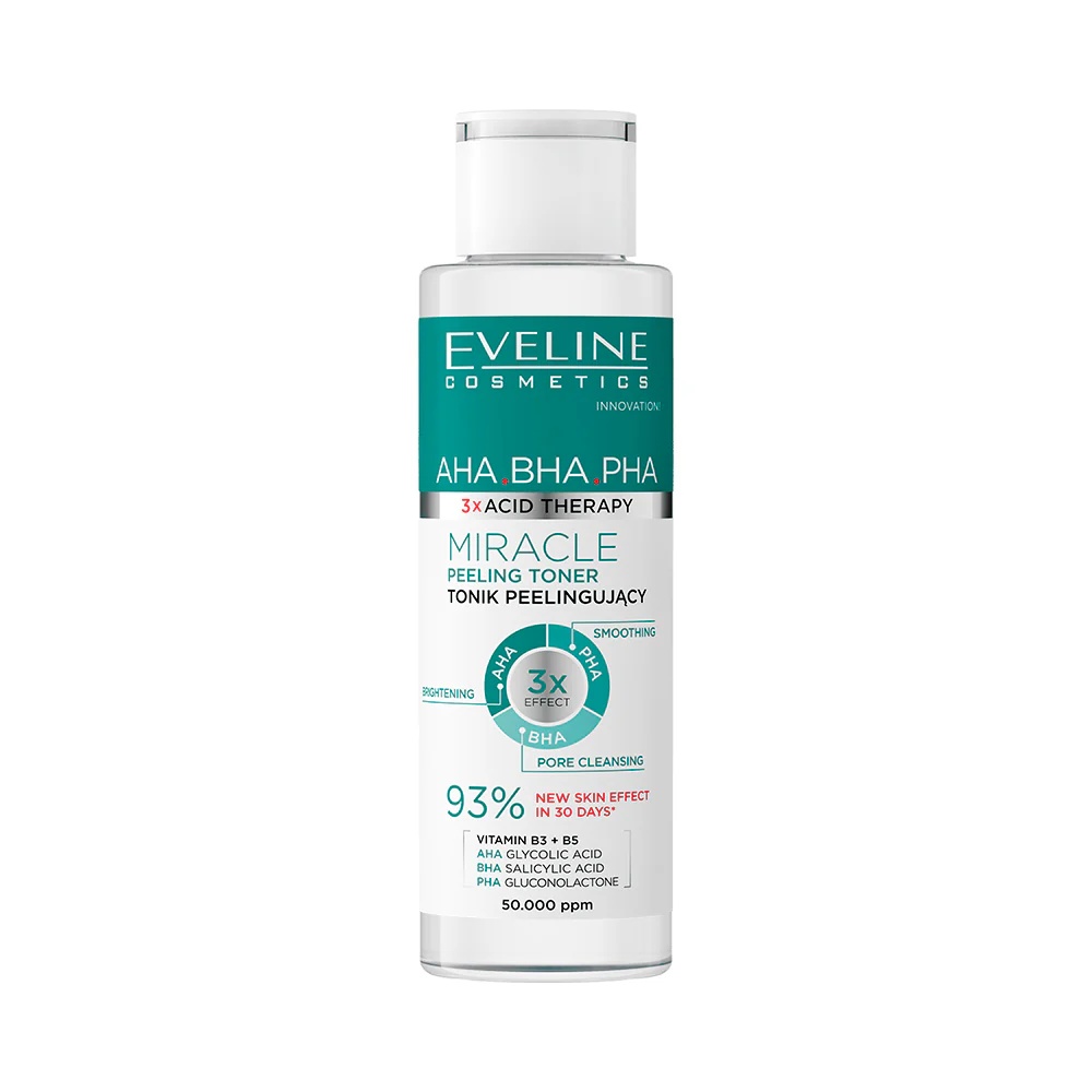 Toner exfoliant Eveline Cosmetics Miracle, cu acizi si vitamine, pentru curatarea porilor si netezirea pielii, 110 ml