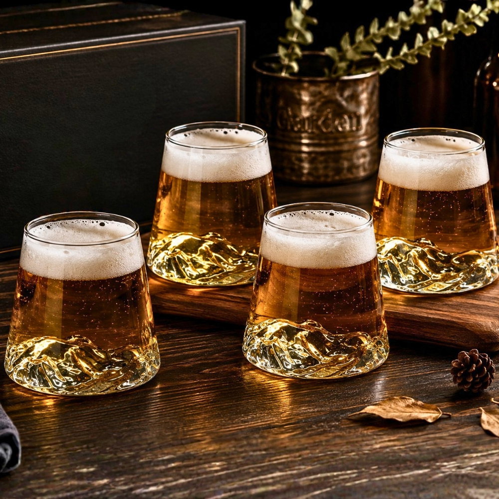 Set 4 pahare de bere cu munte, din sticla borosilicata 250ml, Varful Berarilor