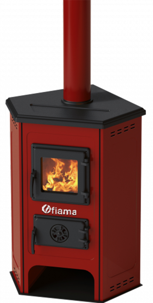 Semineu cu plita din fonta Fiama SD CORNER pe lemnebrichete si carbune putere 6 kW culoare red