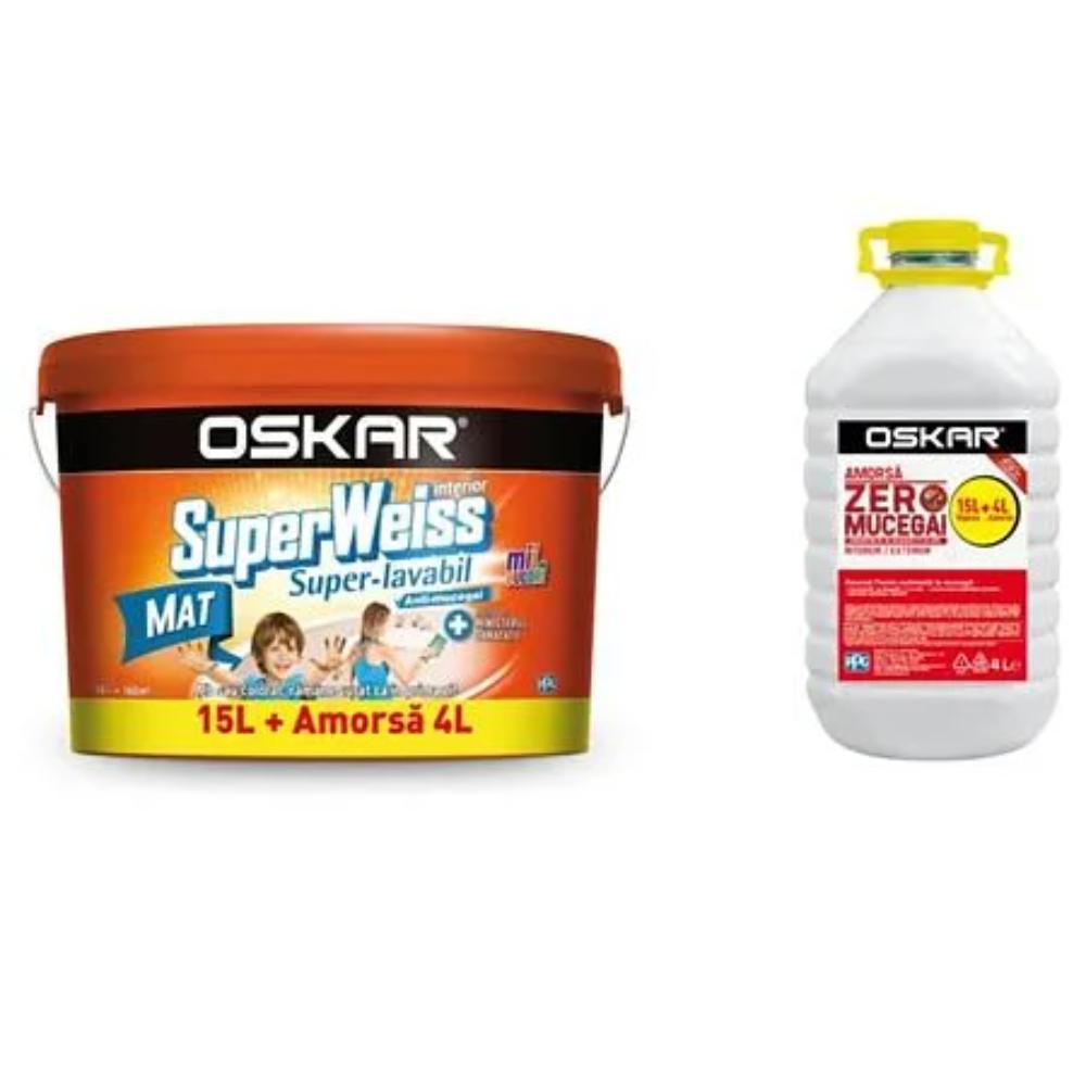 Vopsea Super-Lavabila de interior Oskar SuperWeiss, anti-mucegai, alb mat, 15l + 4l Oskar Amorsa Zero Mucegai