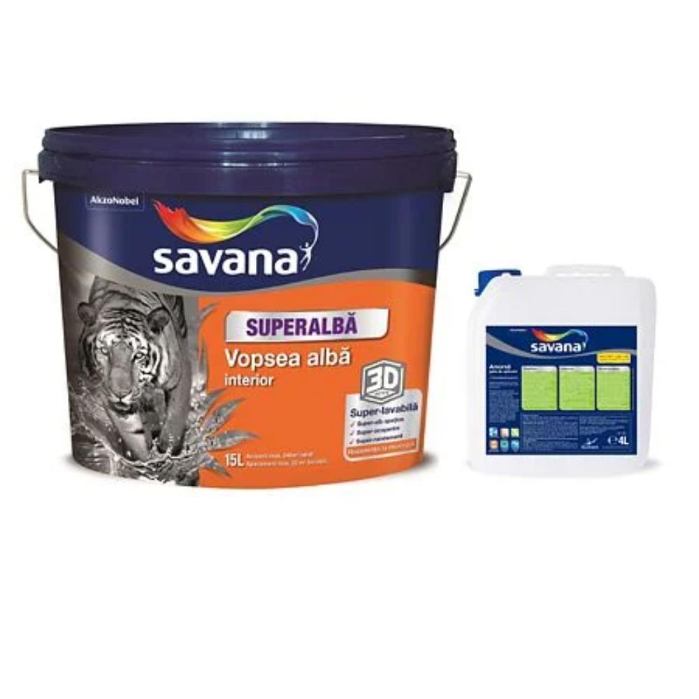 Vopsea superlavabila interior, Savana, rezistenta la mucegai, alb, 15 l + amorsa 4 l