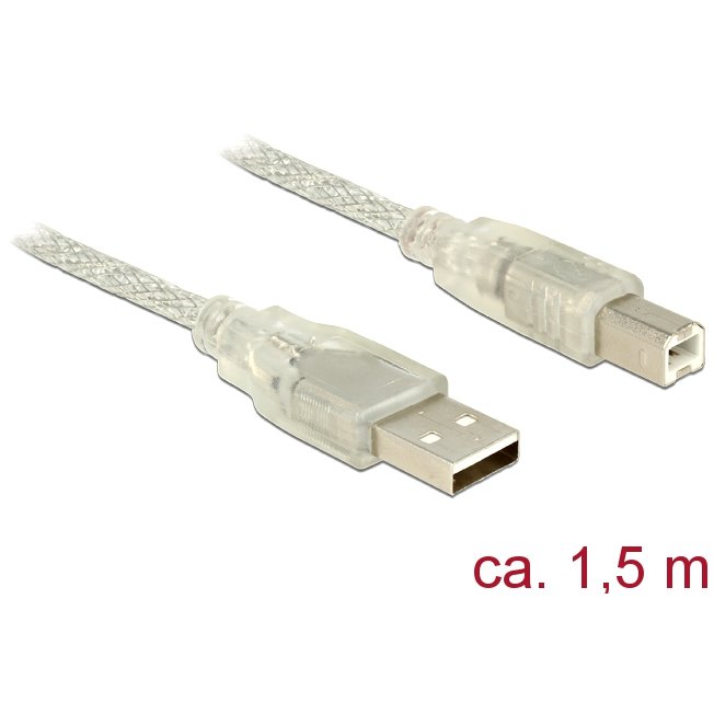 Delock Cable USB 2.0 Type-A male > USB 2.0 Type-B male 1.5m transparent