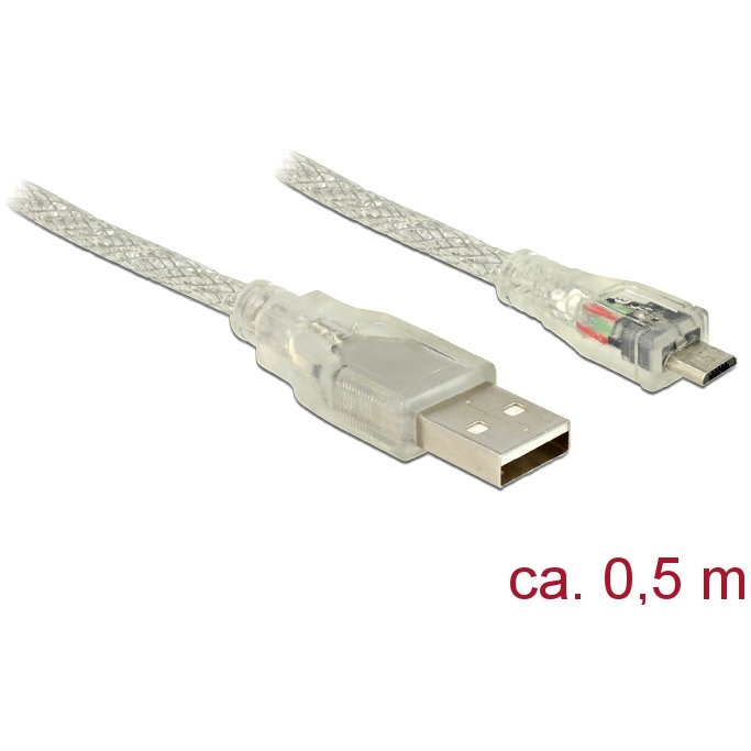 Delock Cable USB 2.0 Type-A male > USB 2.0 Micro-B male 0.5m transparent