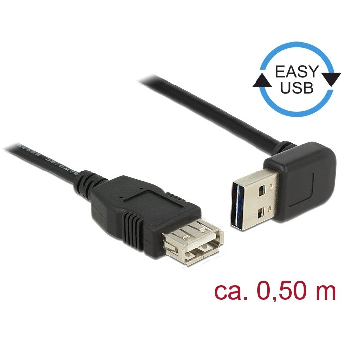 Delock Cable USB AM-AF 2.0 0.5m Black Angled Up/Down USB-A Easy-USB
