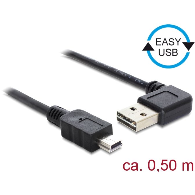 Delock Cable USB Mini AM-BM 2.0 0.5m Black Angled Left/Right USB-A Easy-USB
