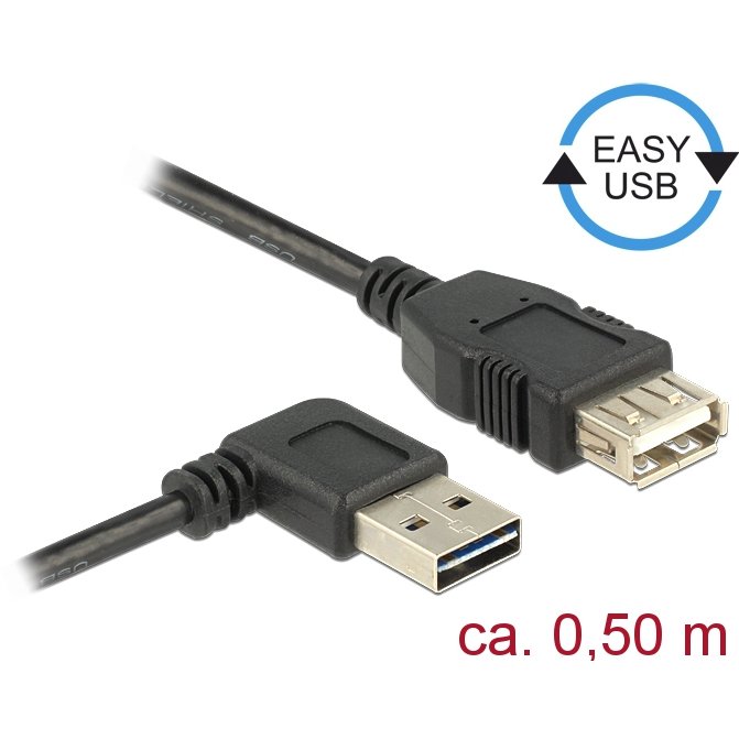 Delock Cable USB AM-AF 2.0 0.5m Black Angled Left/Right USB-A Easy-USB