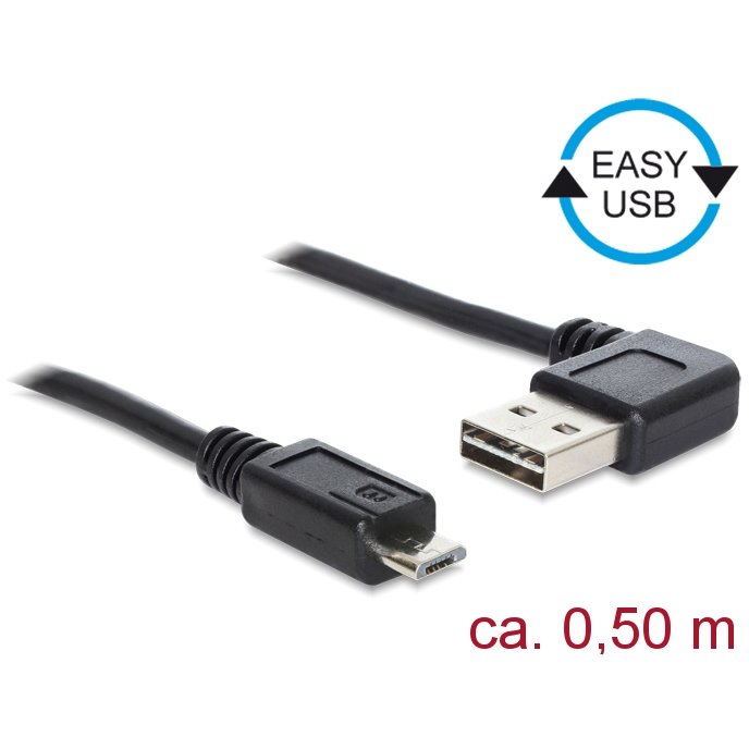 Delock Cable USB Micro AM-BM 2.0 0.5m Black Angled Left/Right USB-A Easy-USB