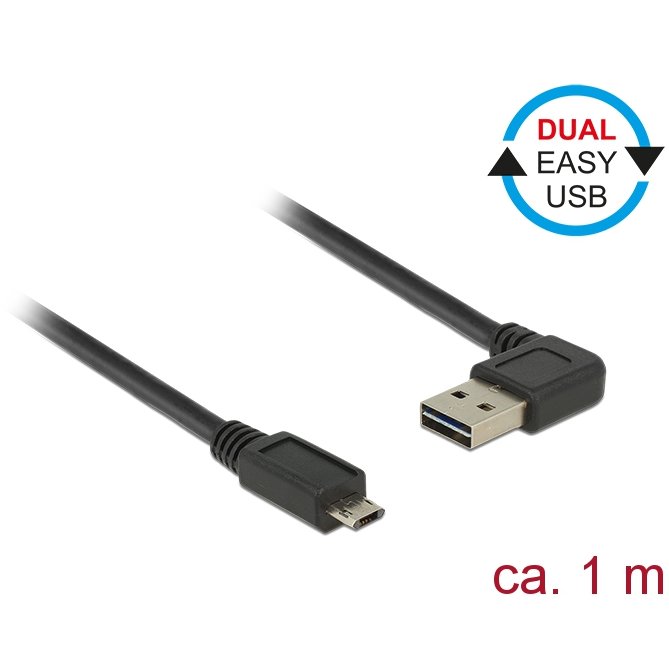 Delock Cable USB Micro AM-BM 2.0 1m Black Angled Left/Right USB-A Dual Easy-USB