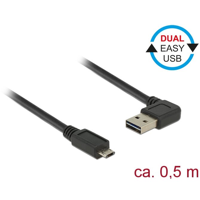 Delock Cable USB Micro AM-BM 2.0 0.5m Black Angled Left/Right Dual Easy-USB