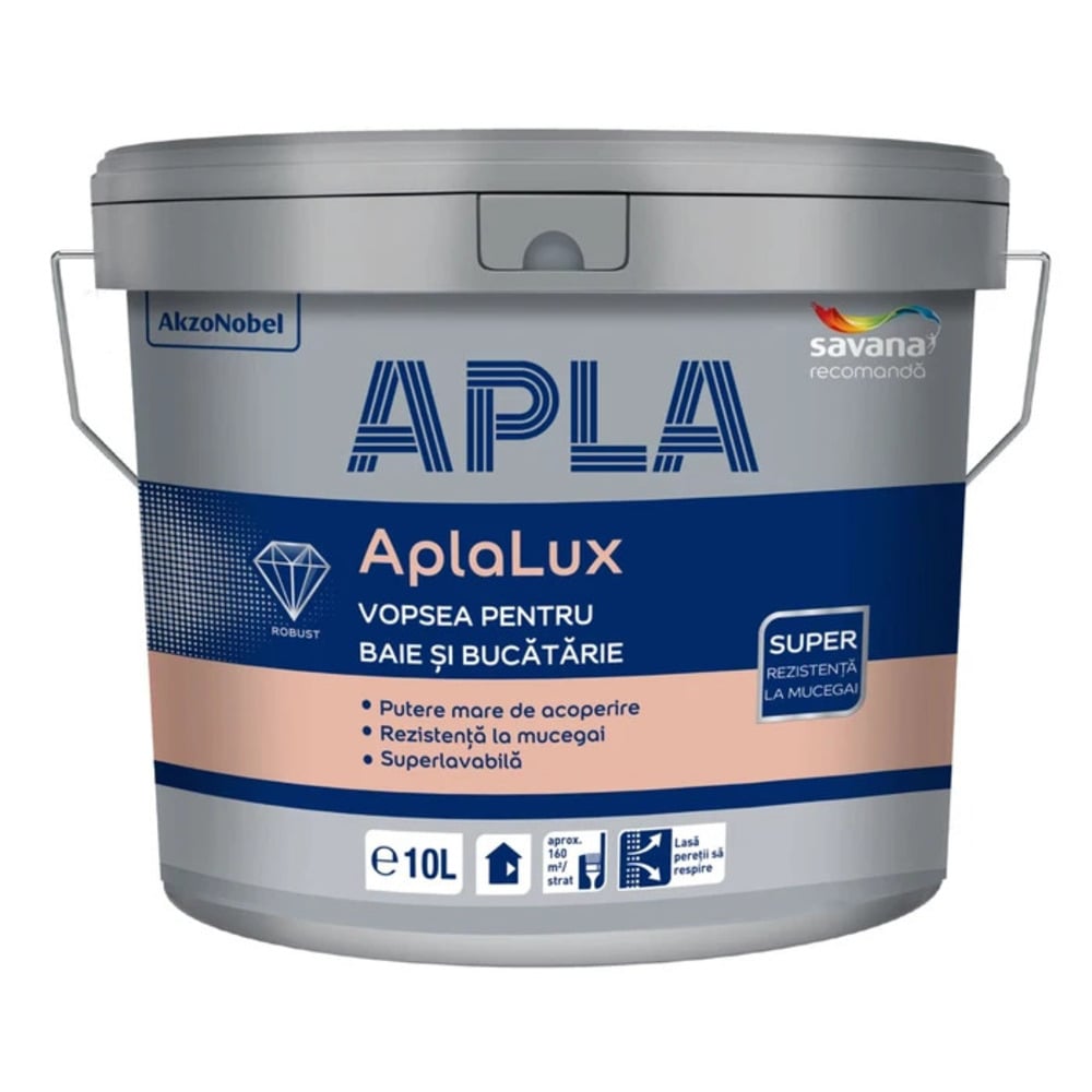 Vopsea superlavabila interior Aplalux, baie si bucatarie, alb, 10 l