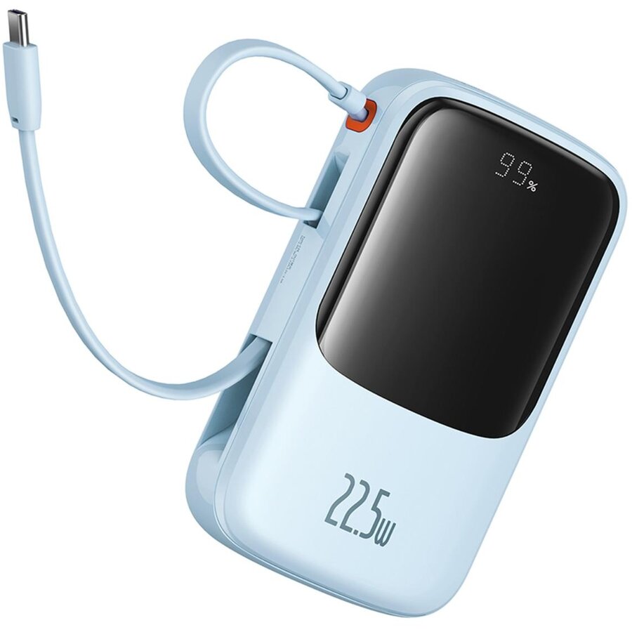 Acumulator Extern QPow Pro+ 10000mAh 22.5W Lightning 2xType-C USB Cablu USB-C Albastru