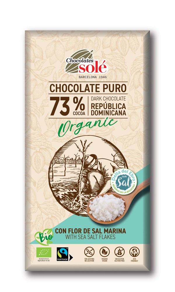 Ciocolata neagra bio si fairtrade 73% cacao cu Fleur de sel, 100g Chocolates Sole