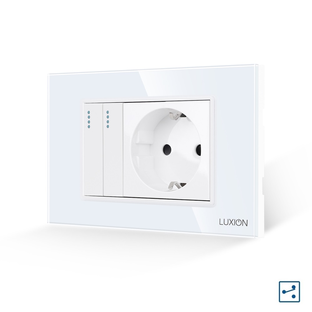 Intrerupator Dublu Cap Scara + Priza cu Rama din Sticla LUXION, Standard Italian, 3M