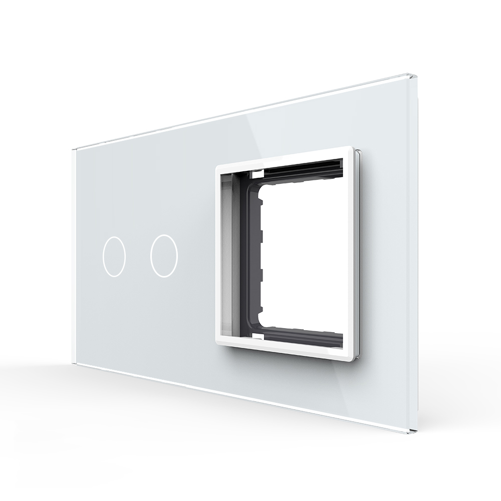 Rama intrerupator dublu + priza simpla Livolo VL-P702/E-4W, sticla securizata, alb