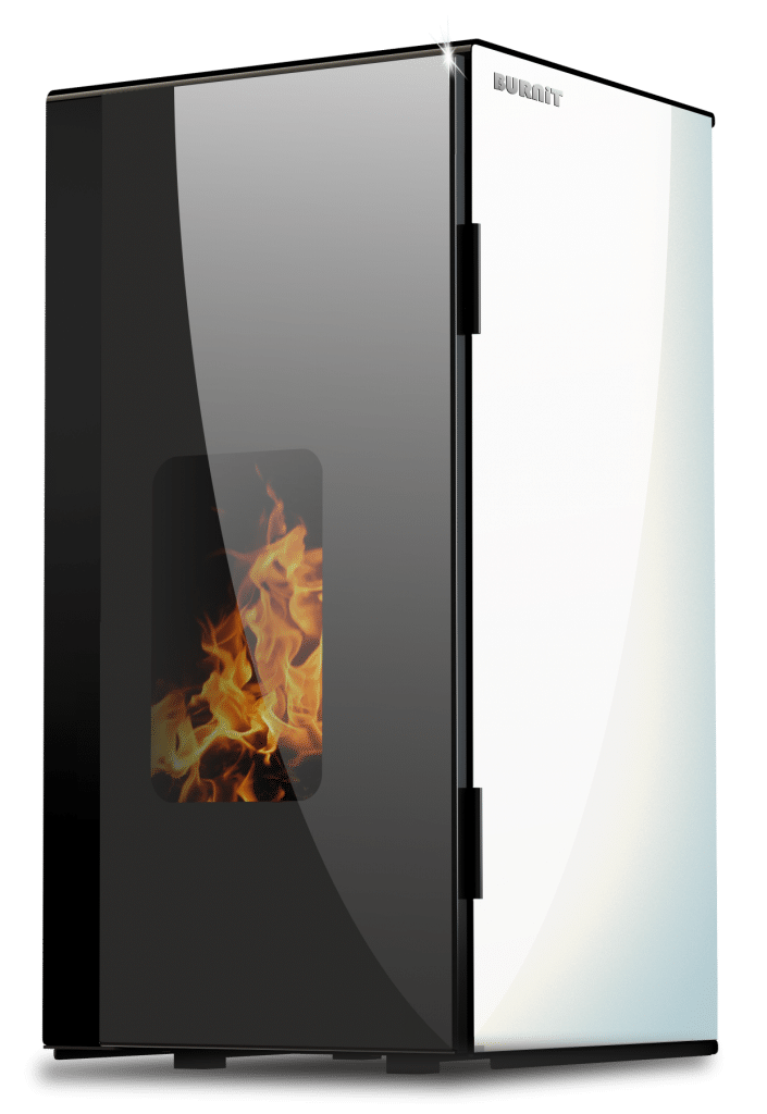 Centrala termosemineu pe peleti Burnit Vision Swan White 25 kw echipata cu pompa de circulatie vas de expansiune automatizare suprafata pana la 160 metri patrati