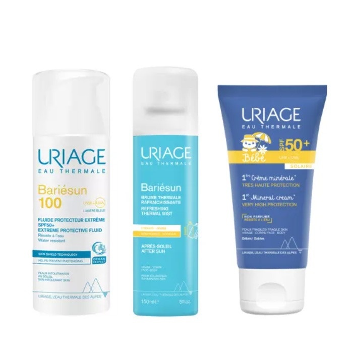 Set Uriage Bariesun Protectie solara SPF 50+/100 pentru adulti si bebelusi – Fluid SPF 50+ 50 ml, Crema minerala bebelusi 50 ml, Spray dupa soare 150 ml