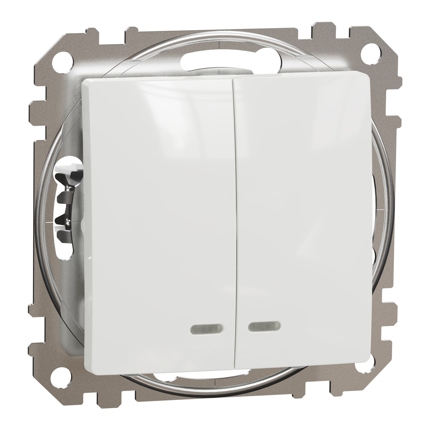 Intrerupator dublu Schneider Sedna SDD111105L, IP20, montaj incastrat, cu indicator luminos, alb, 73 x 73 x 24 mm