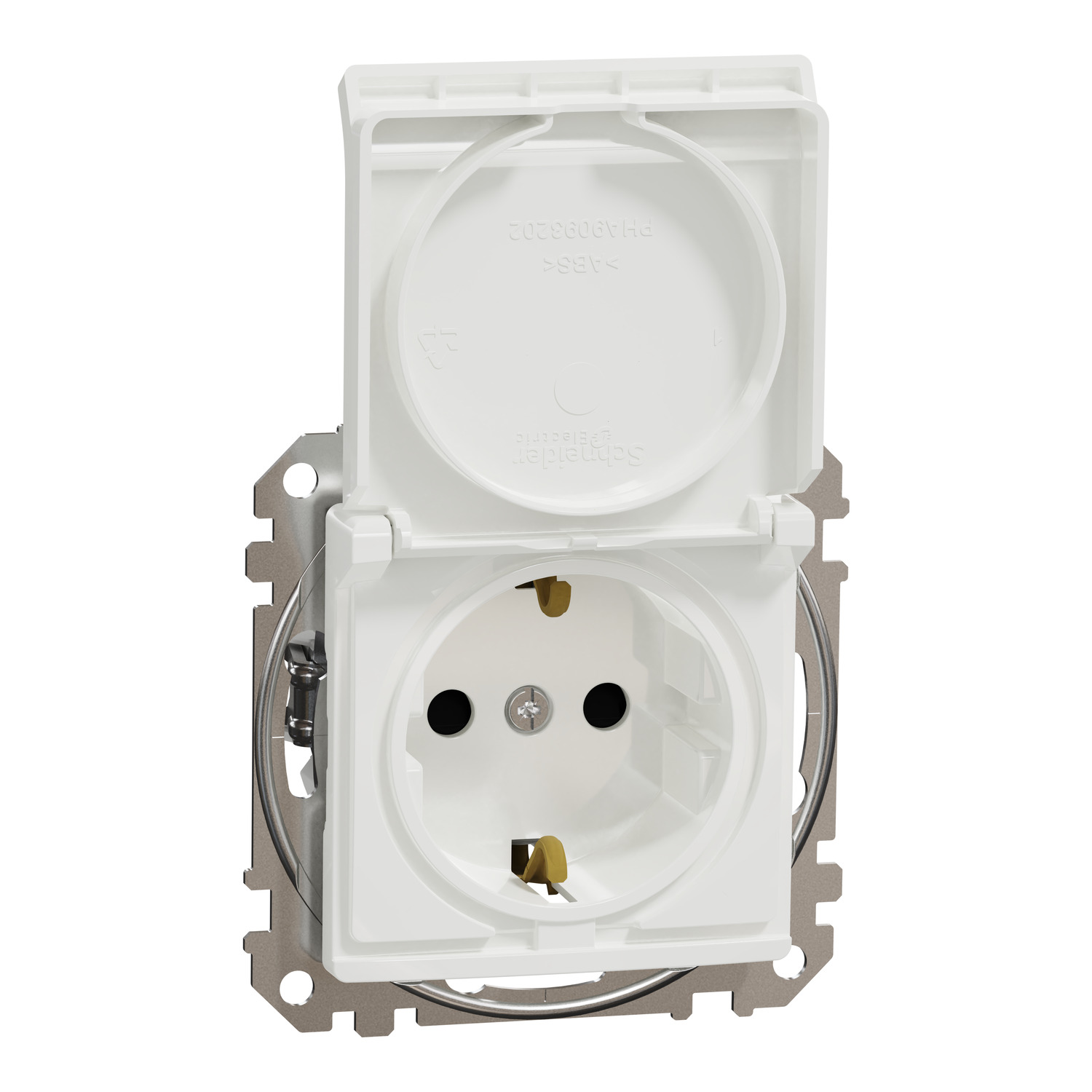 Priza simpla cu capac Schneider Sedna SDD111023, 2P+E, 16 A, IP 20, montaj ingropat, alb, 73 x 73 x 50 mm