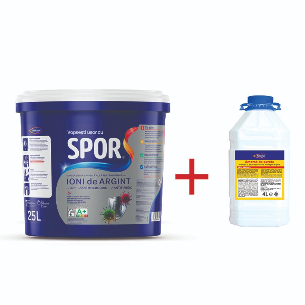 Vopsea superlavabila interior Spor, cu Ioni de Argint, alb, 25 l + amorsa 4 l