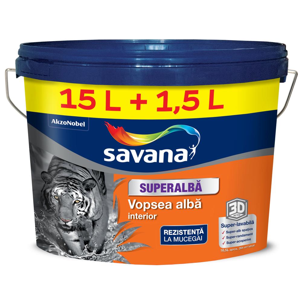 Vopsea superlavabila interior Savana 3D Activ, cu rezistenta la mucegai, alb, 15 l  + 1.5 l